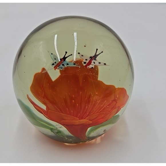 Vintage‎ Hand Blown Art Glass Paperweight Orange Flower & 2 Bumble Bees Bubbles - Picture 3 of 14